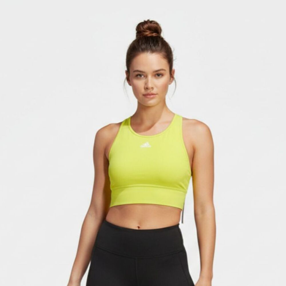 Adidas Neon Yellow Ribbed Crop Medium Support Athletic Sport Top NEW S